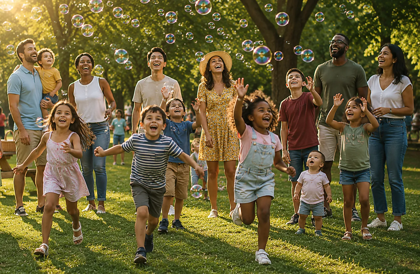 Single parents and kids playing in the park